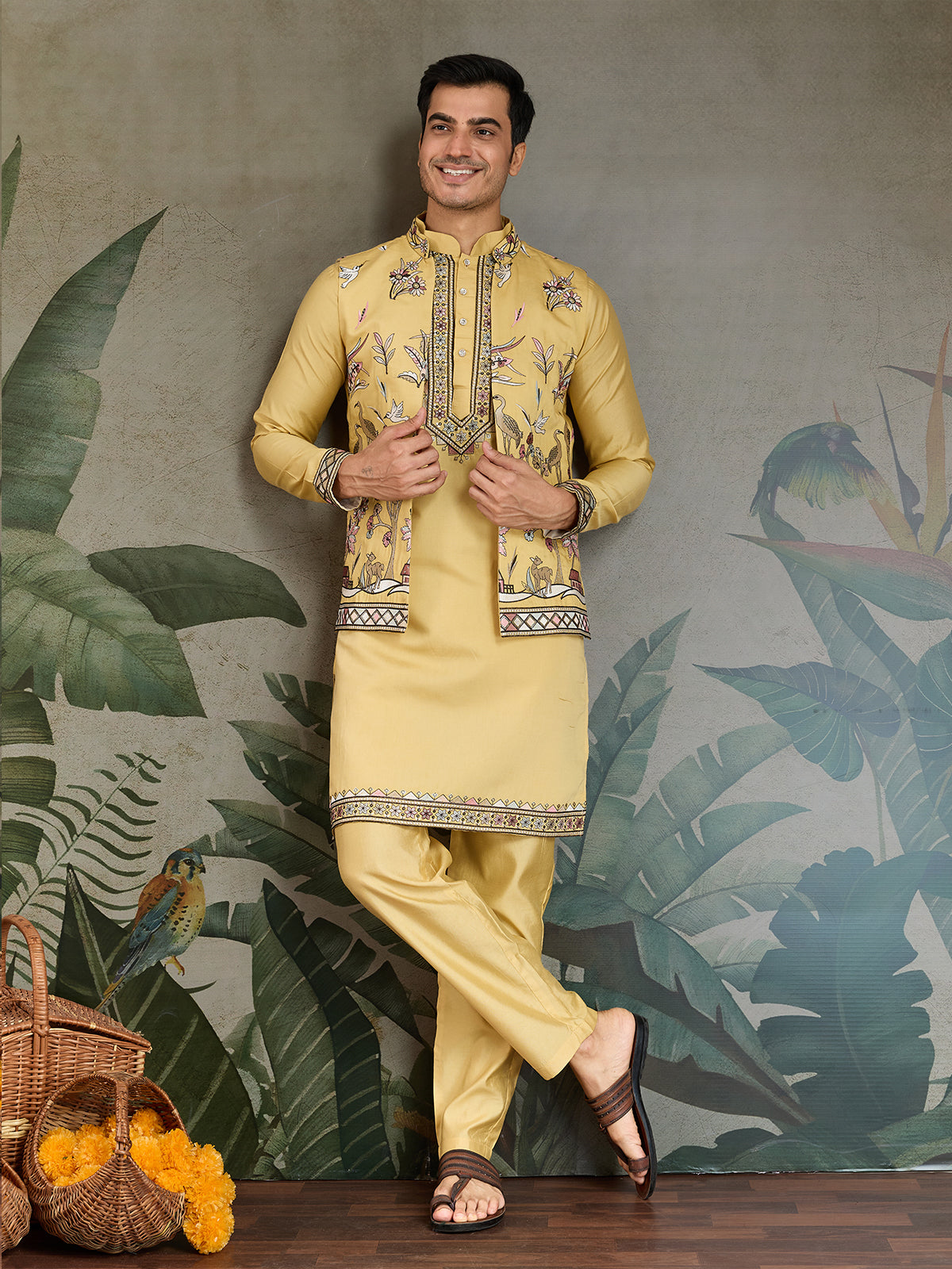 Yellow Viscose Silk Wedding Kurta with Embroidered Koti - qivii