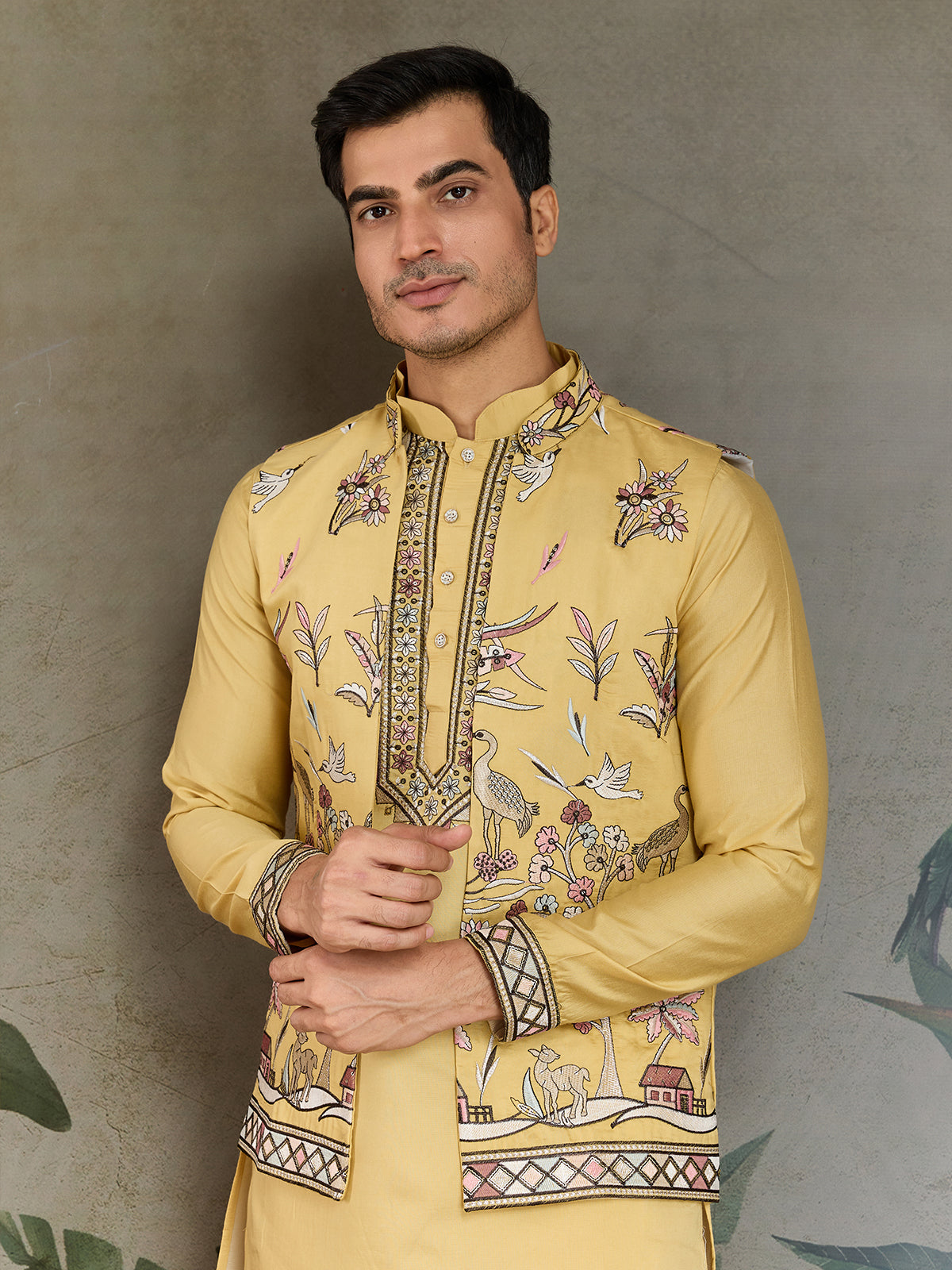 Yellow Viscose Silk Wedding Kurta with Embroidered Koti - qivii