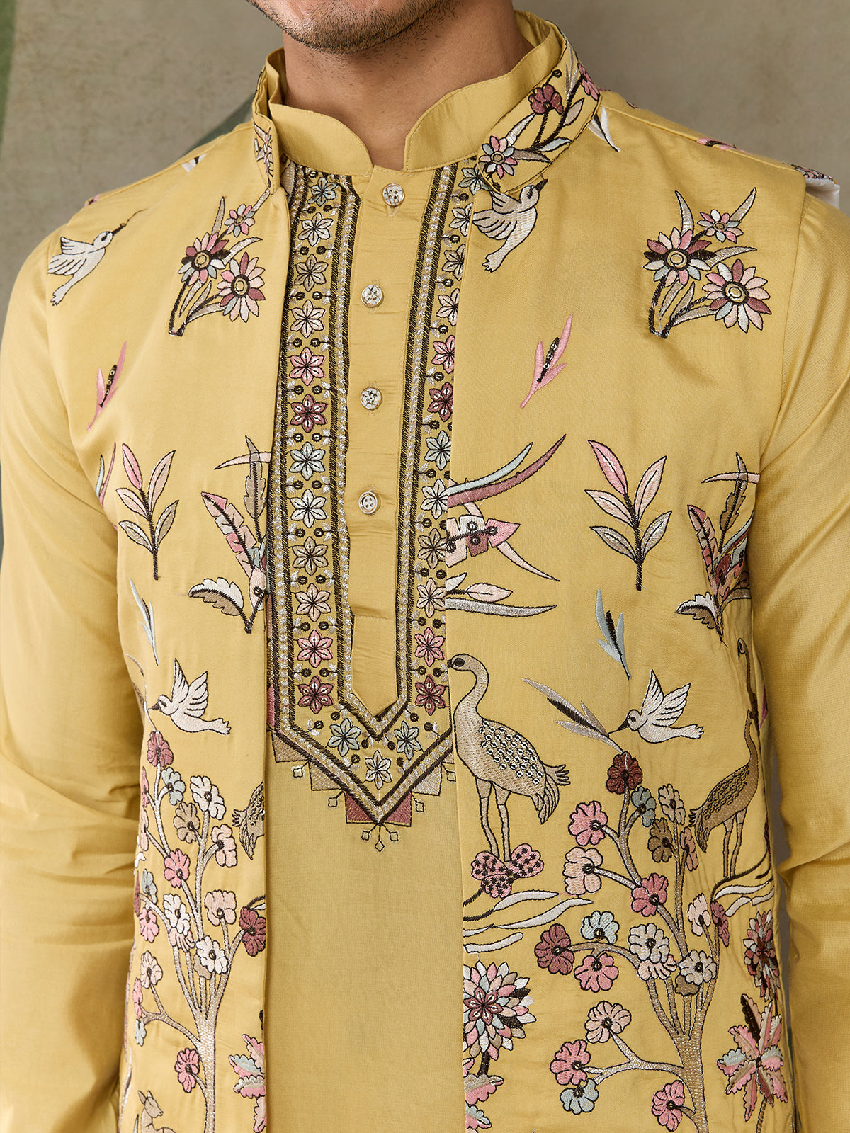 Yellow Viscose Silk Wedding Kurta with Embroidered Koti - qivii