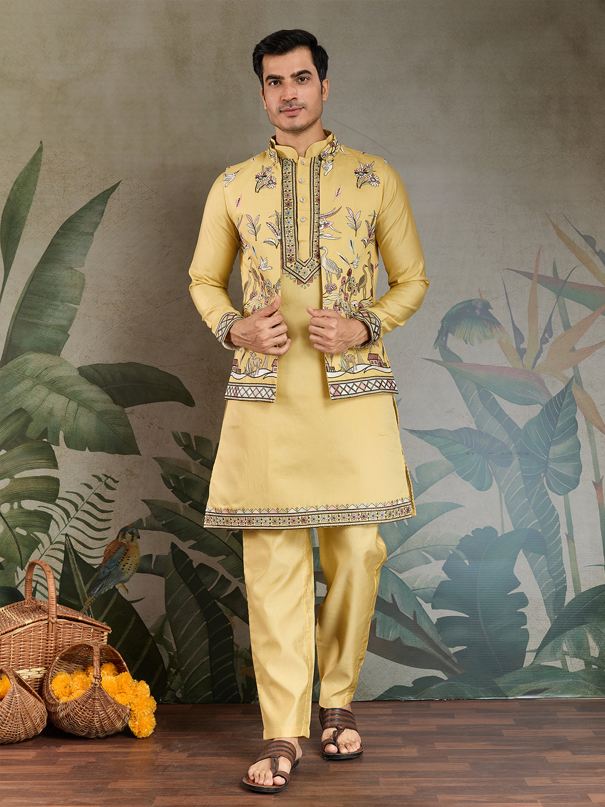 Yellow Viscose Silk Wedding Kurta with Embroidered Koti - qivii