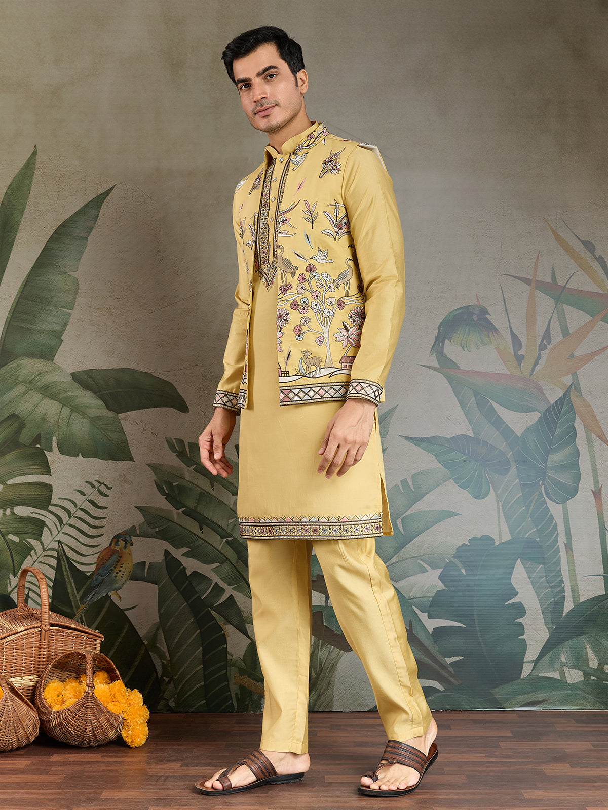 Yellow Viscose Silk Wedding Kurta with Embroidered Koti - qivii