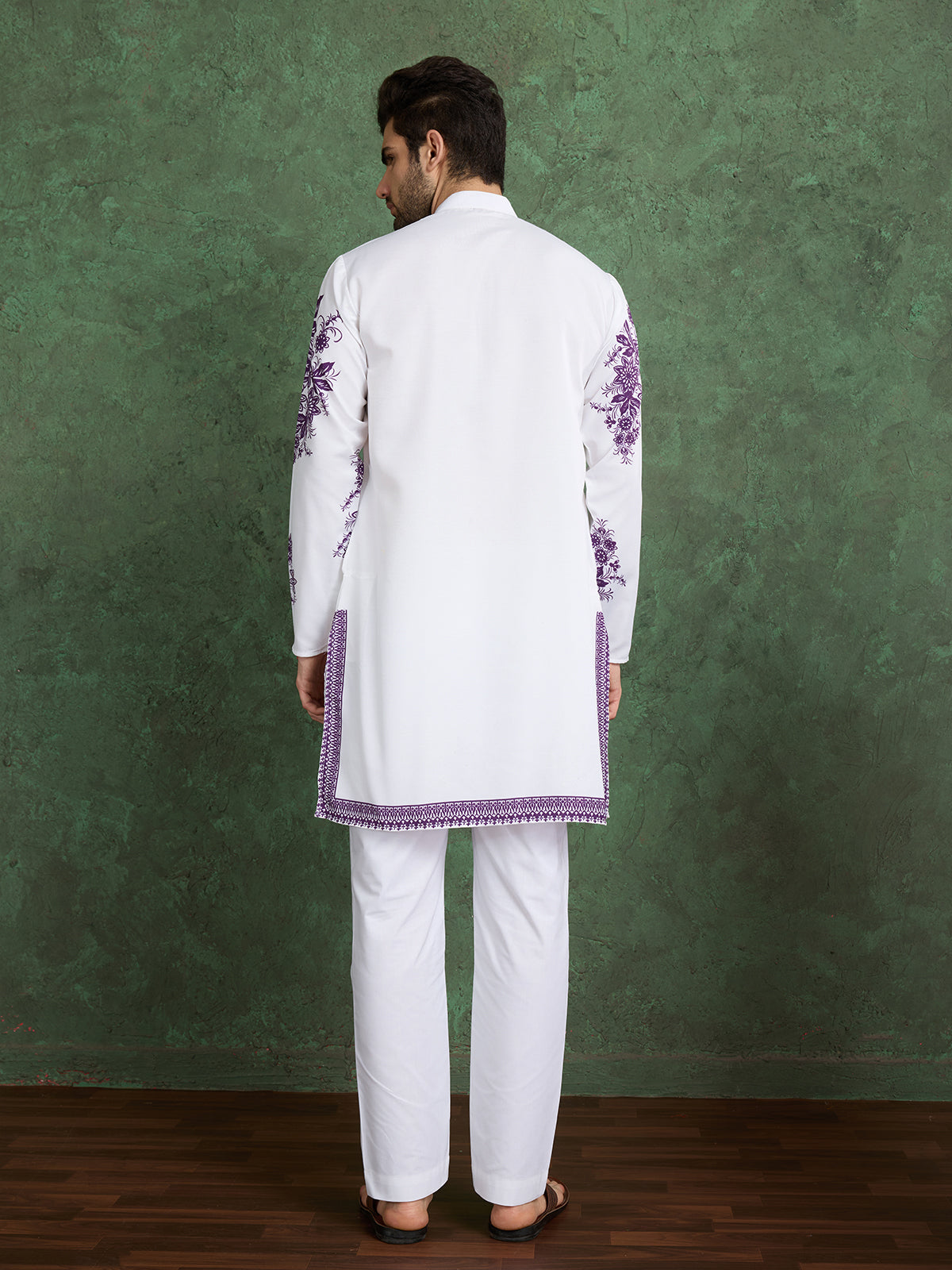 Designer Men's White & Purple Viscose Rayon Kurta - qivii