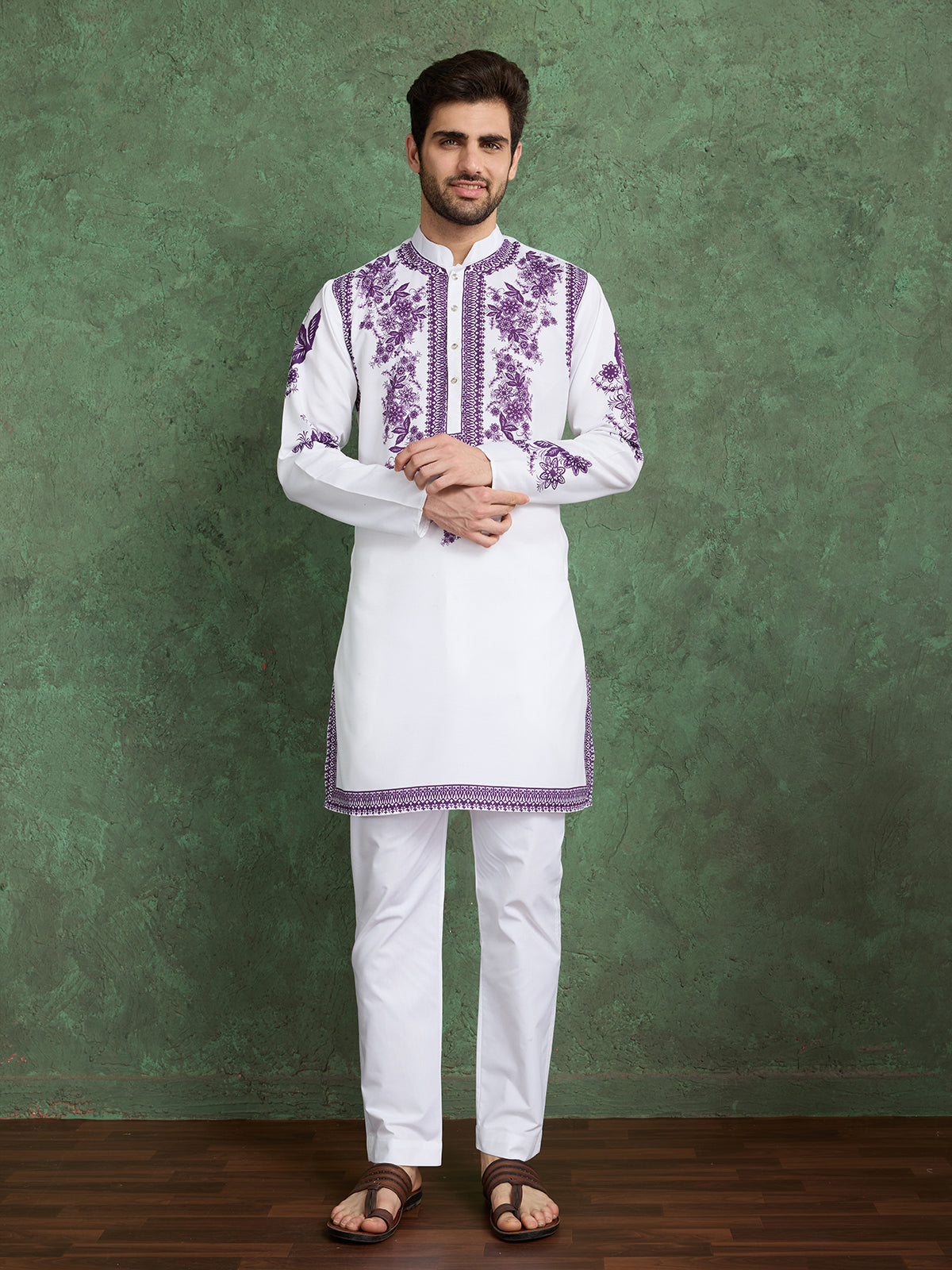Designer Men's White & Purple Viscose Rayon Kurta - qivii