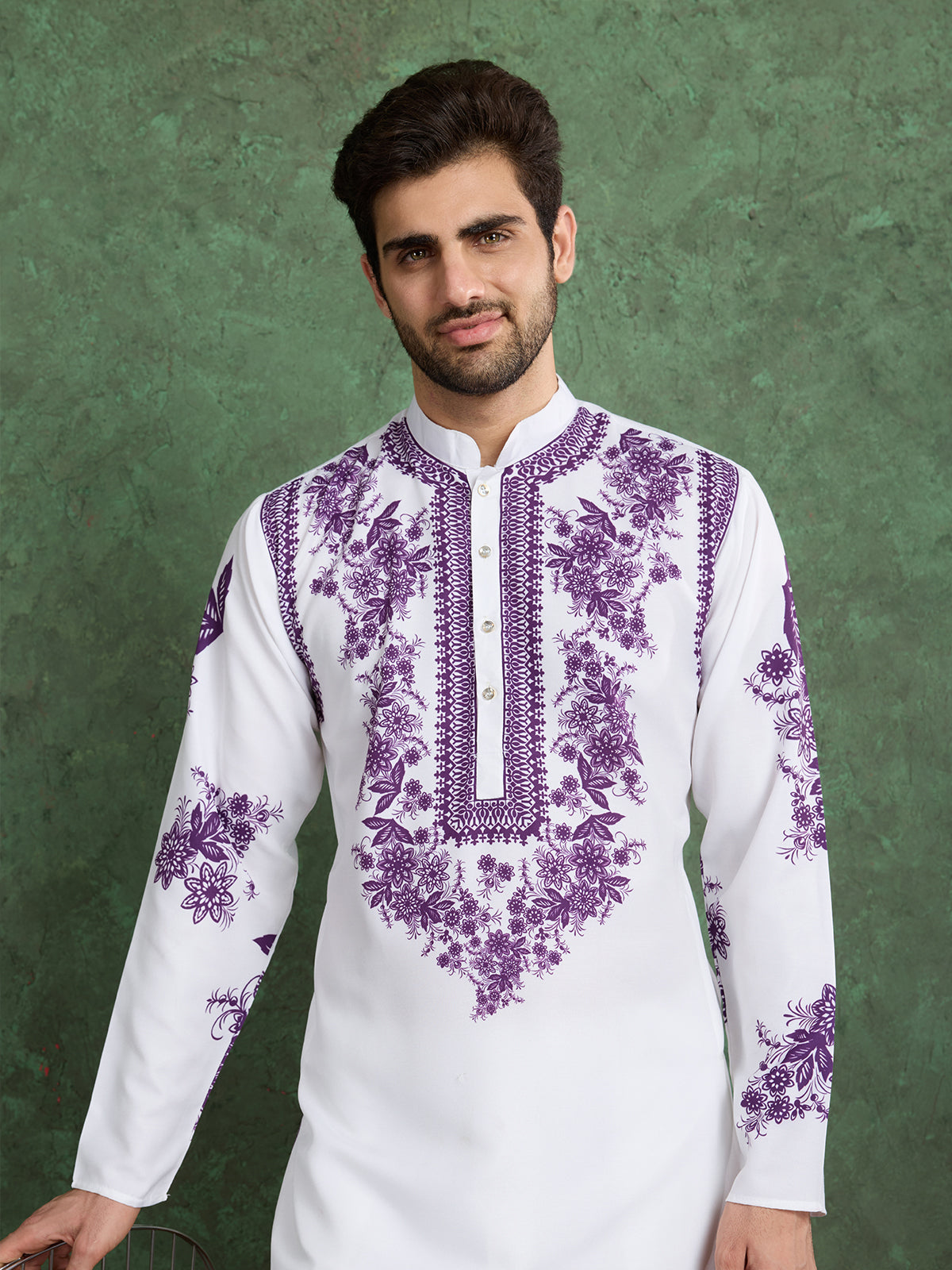 Designer Men's White & Purple Viscose Rayon Kurta - qivii