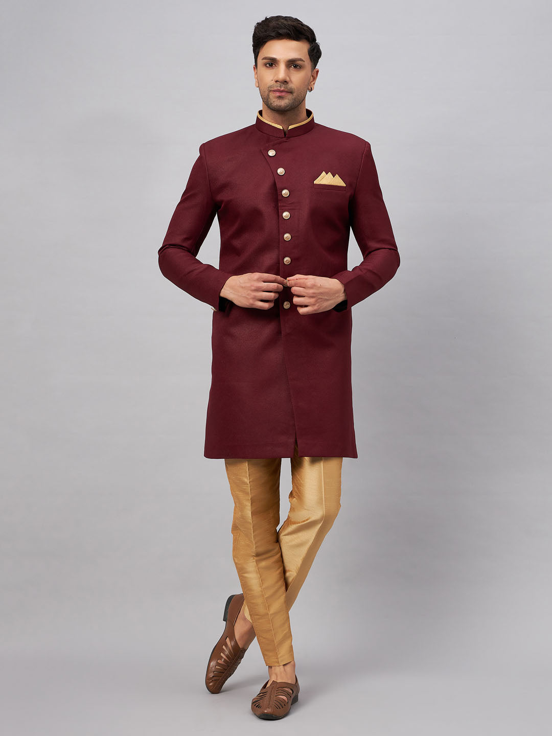 VM BY VASTRAMAY Men's Maroon Indo Western Set