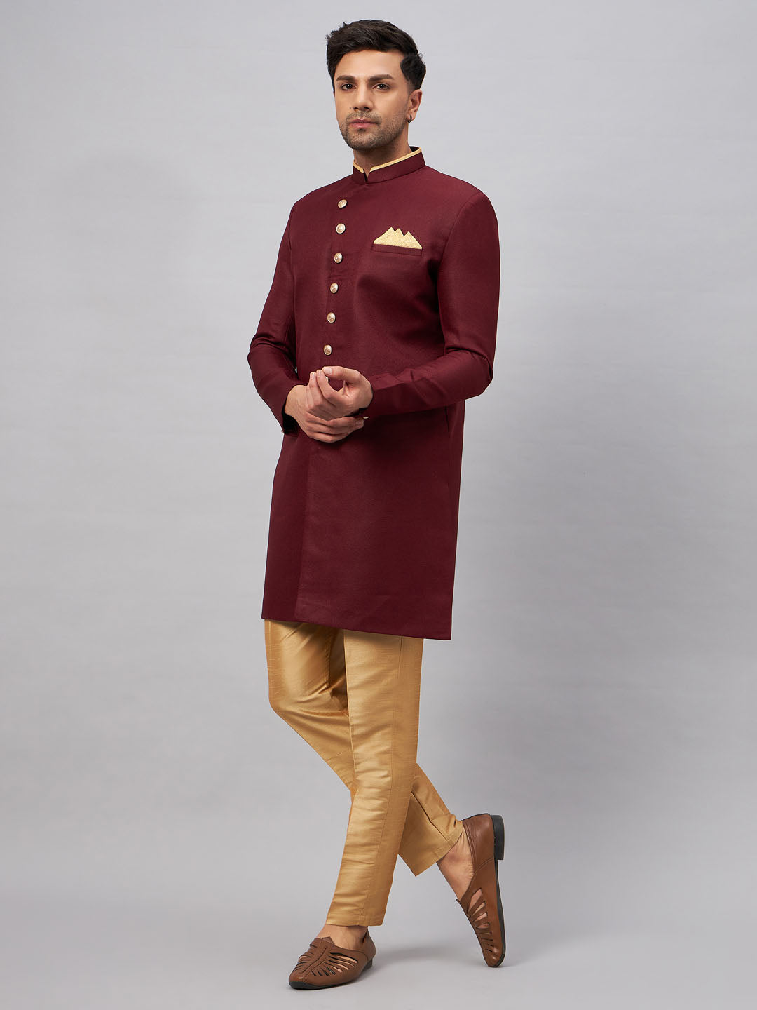 VM BY VASTRAMAY Men's Maroon Indo Western Set