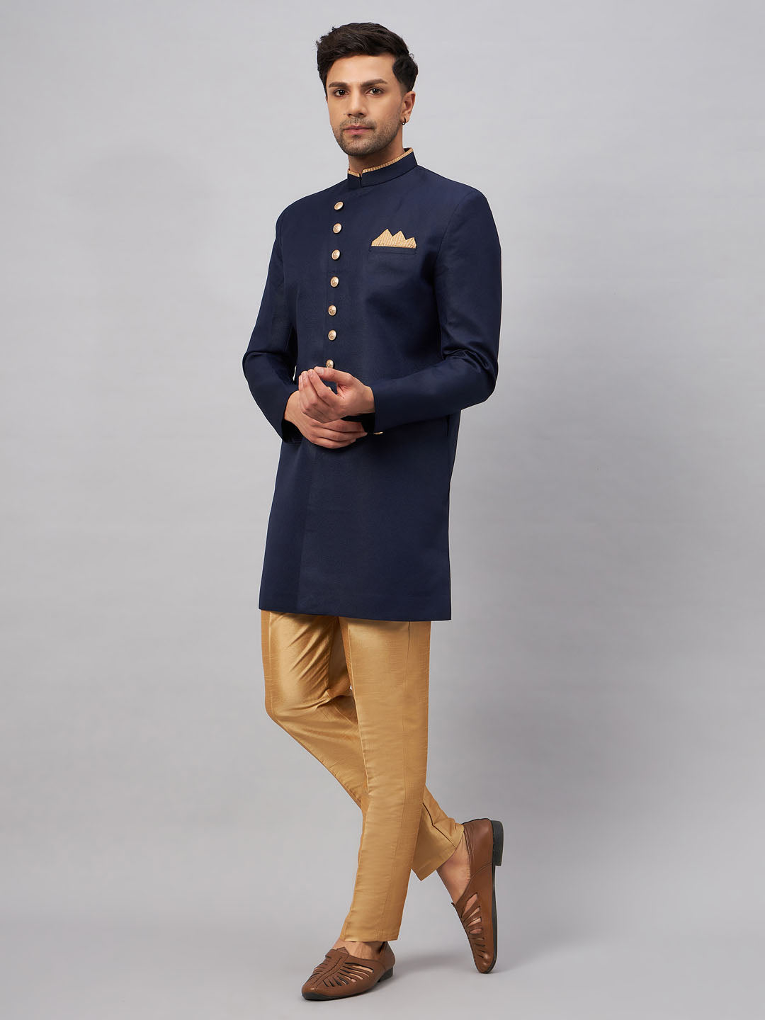 VM BY VASTRAMAY Men's Navy Blue Indo Western Set