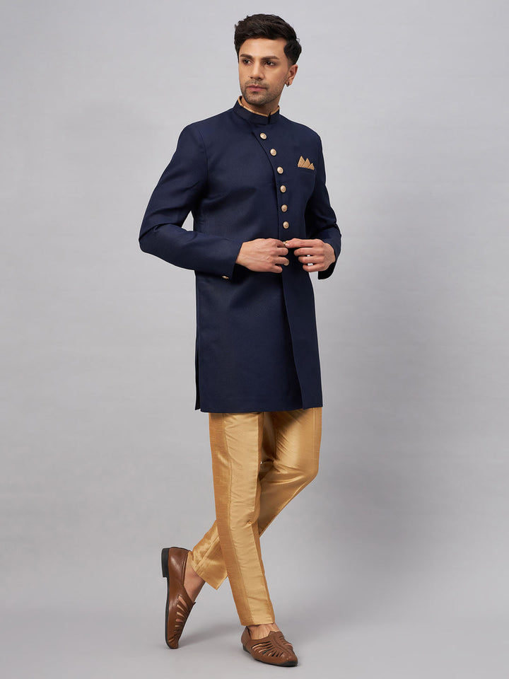 VM BY VASTRAMAY Men's Navy Blue Indo Western Set