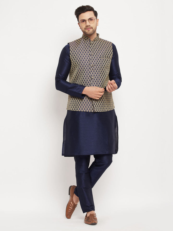 VM BY VASTRAMAY Men's BlueSilk Blend Jacket With Kurta Pant  Set