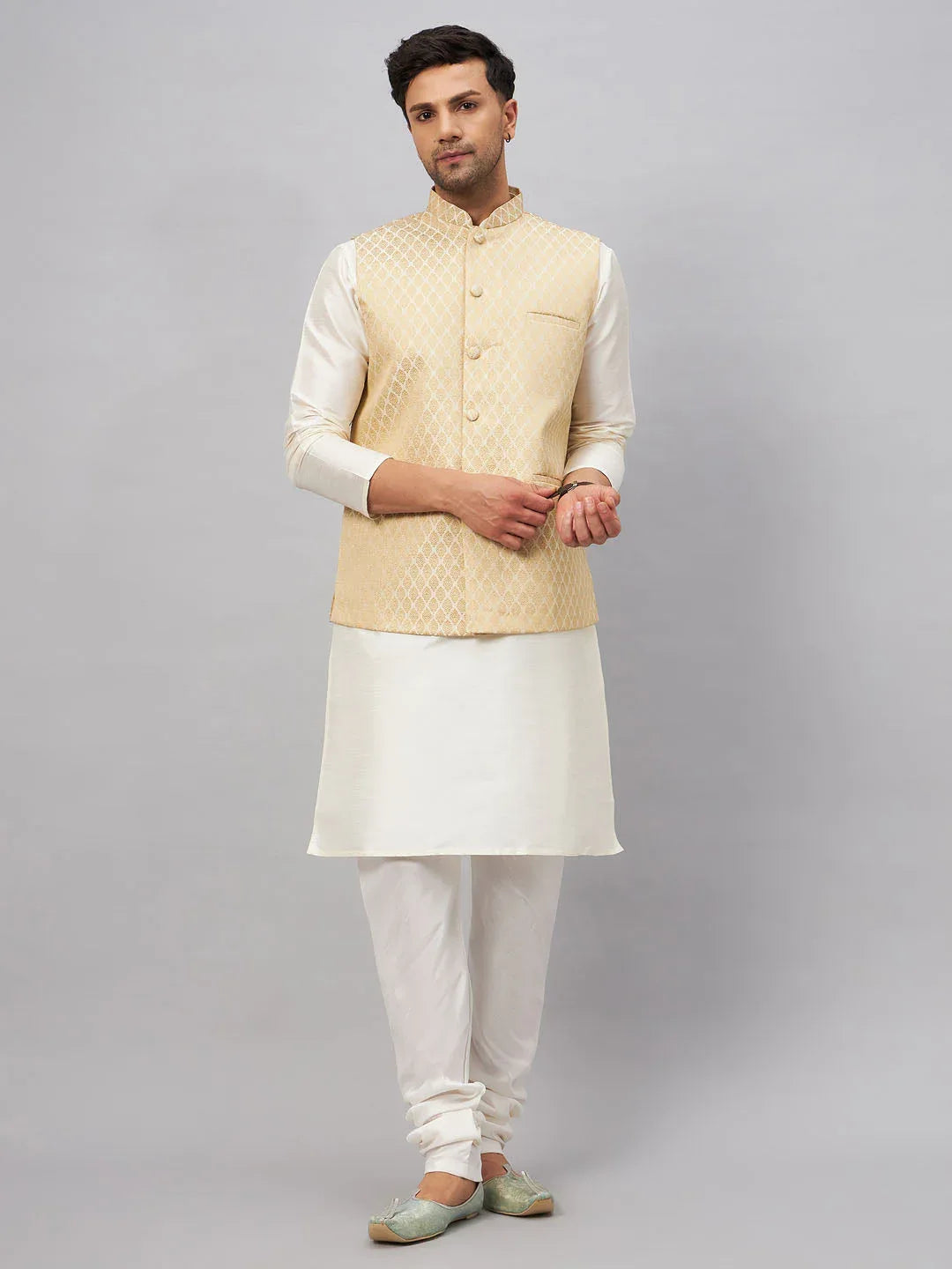 Men's Cream Silk Blend Jacket With Kurta Pyjama Set