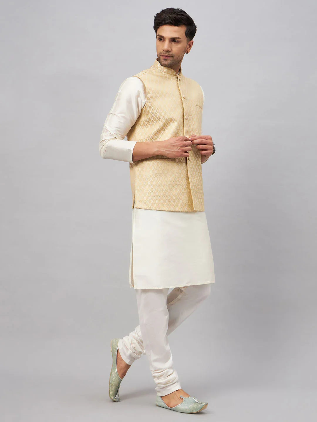 Men's Cream Silk Blend Jacket With Kurta Pyjama Set
