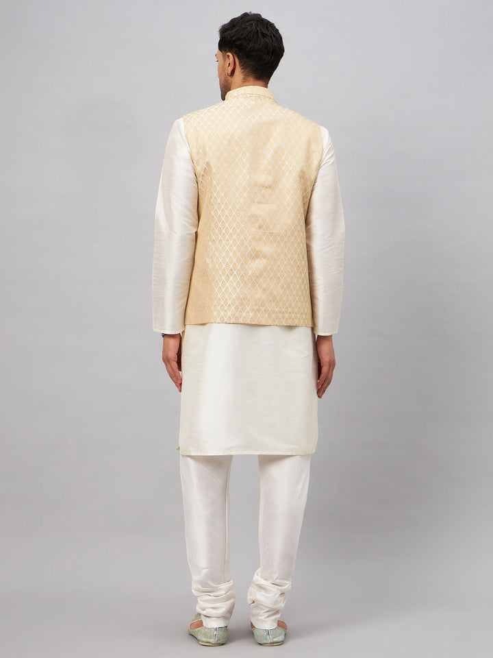 VASTRAMAY Cream Woven Jacket With White Kurta Pyjama Baap Beta Set