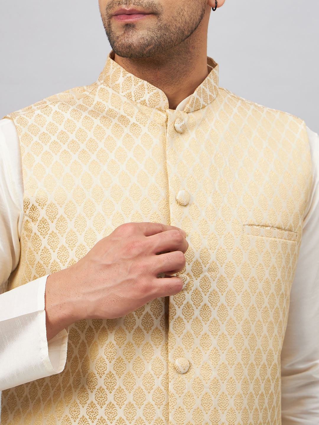 VASTRAMAY Cream Woven Jacket With White Kurta Pyjama Baap Beta Set