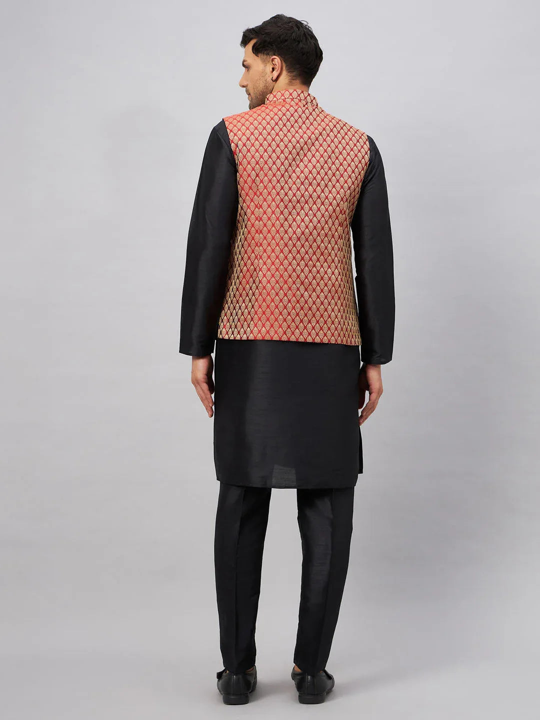 Men's Maroon Silk Blend Jacket With Kurta Pant Set