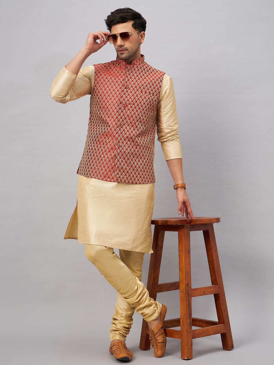 Men's Maroon Silk Blend Jacket With Kurta Pyjama Set
