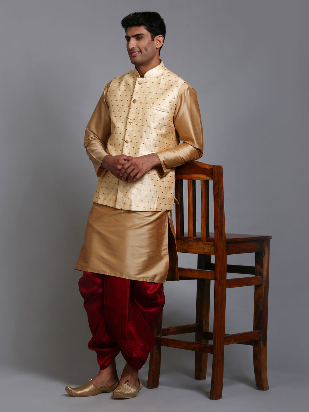 Men's Gold Zari Weaved Jacket With Kurta Dhoti Set