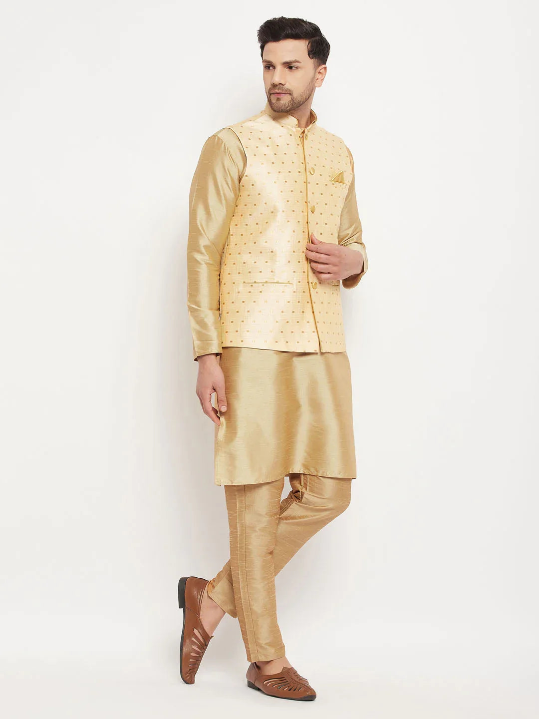 Men's Gold Zari Weaved Jacket With Kurta Pant Set