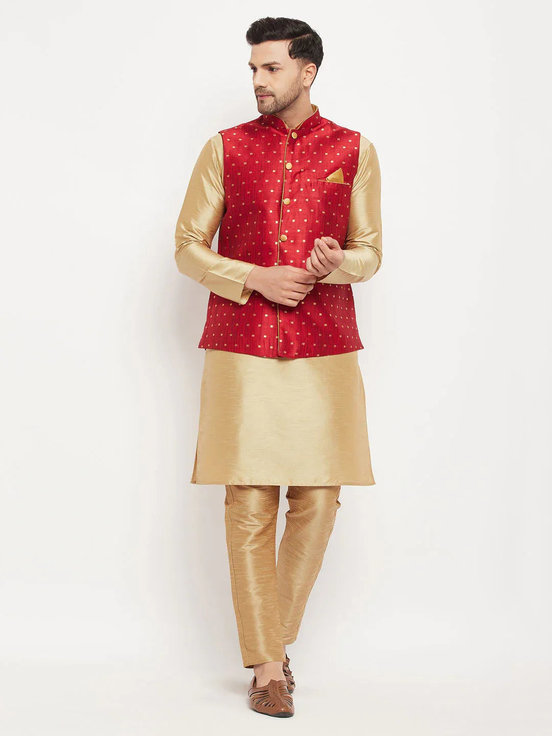 Men's Maroon Zari Weaved Jacket With Kurta Pant Set