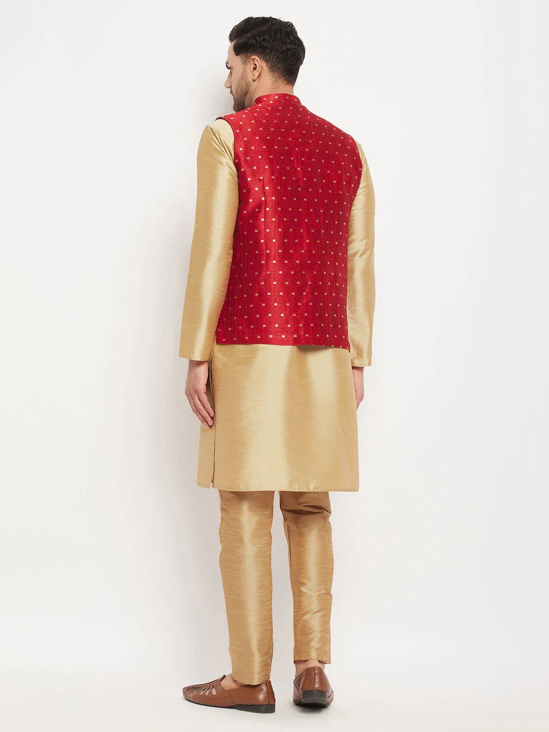 Men's Maroon Zari Weaved Jacket With Kurta Pant Set