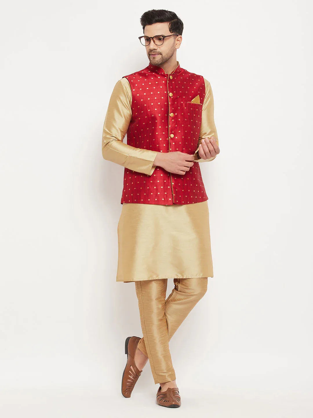 Men's Maroon Zari Weaved Jacket With Kurta Pant Set