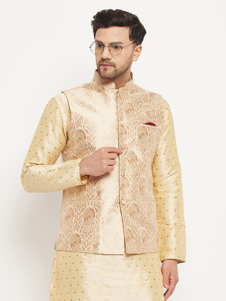 VASTRAMAY Men's Rose Gold Jacquard Nehru Jacket