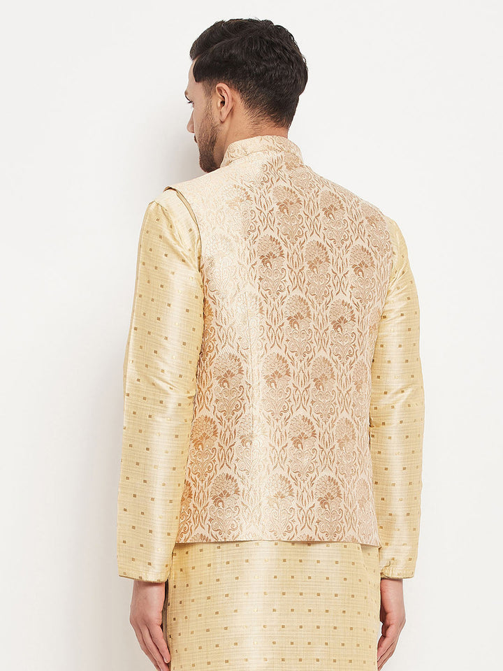 VASTRAMAY Men's Rose Gold Jacquard Nehru Jacket