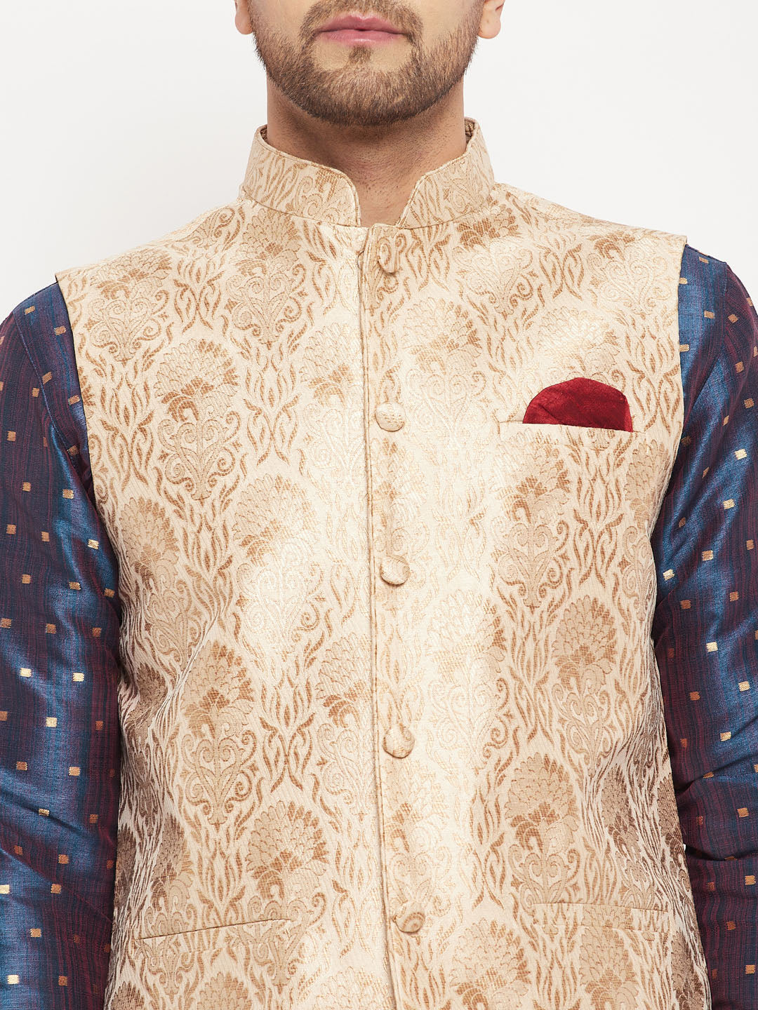 VASTRAMAY Men's Rose Gold Jacquard Jacket With Kurta And Pant Set