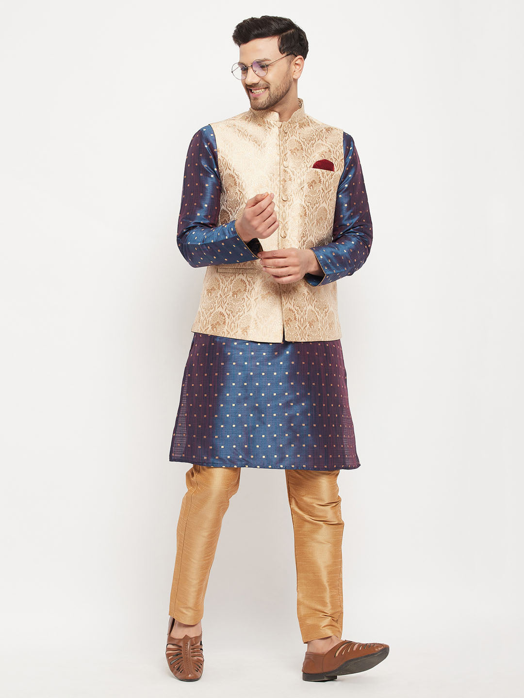 VASTRAMAY Men's Rose Gold Jacquard Jacket With Kurta And Pant Set