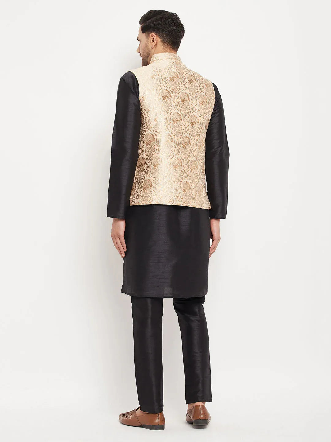 Men's Rose Gold Jacquard Jacket With Kurta And Pant Set
