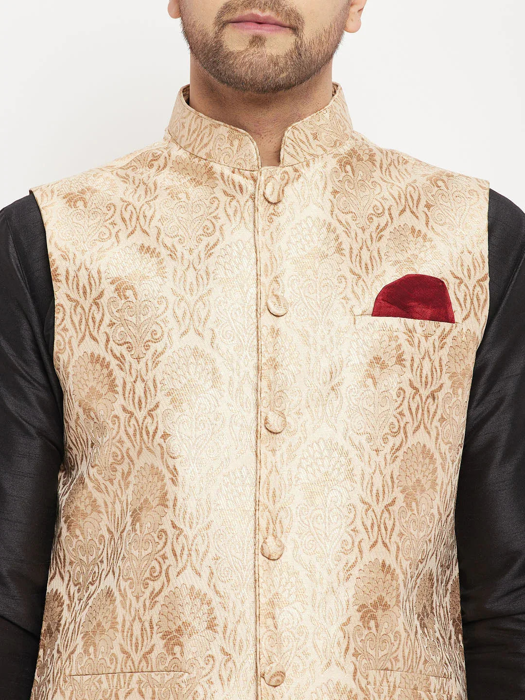 Men's Rose Gold Jacquard Jacket With Kurta And Pant Set