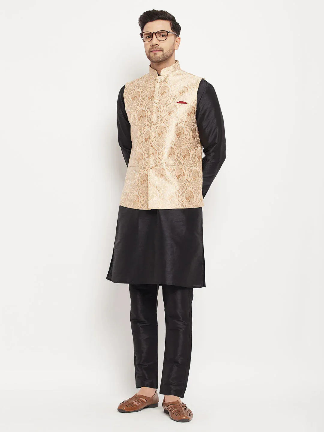 Men's Rose Gold Jacquard Jacket With Kurta And Pant Set