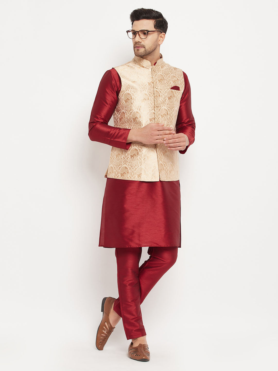 VM BY VASTRAMAY Men's Rose Gold Jacquard Jacket With Kurta And Pant Set - Elegant ethnic ensemble for special occasions and festive celebrations