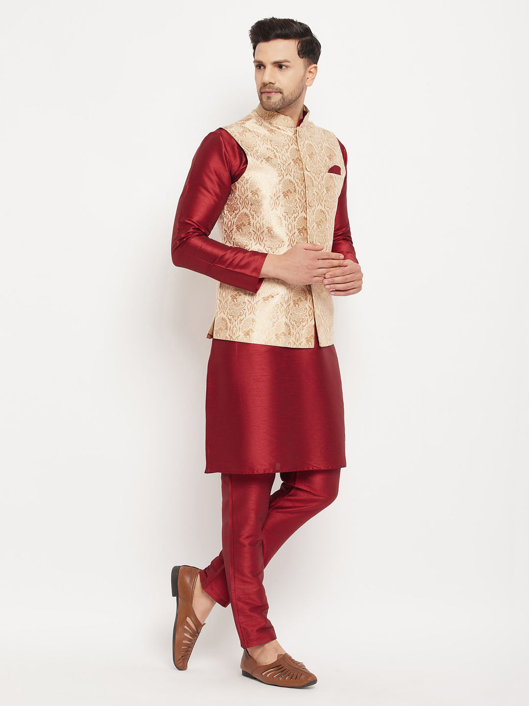  Side view of VM BY VASTRAMAY Men's Rose Gold Jacquard Jacket With Kurta And Pant Set, featuring a modern and sophisticated look