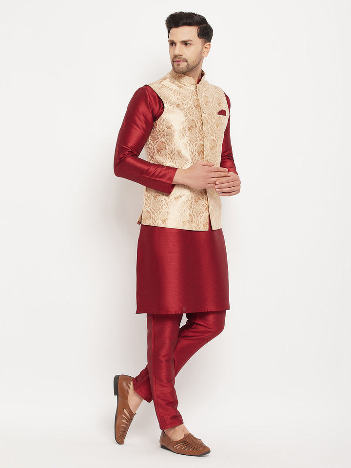 VM BY VASTRAMAY Men's Rose Gold Jacquard Jacket With Kurta And Pant Set