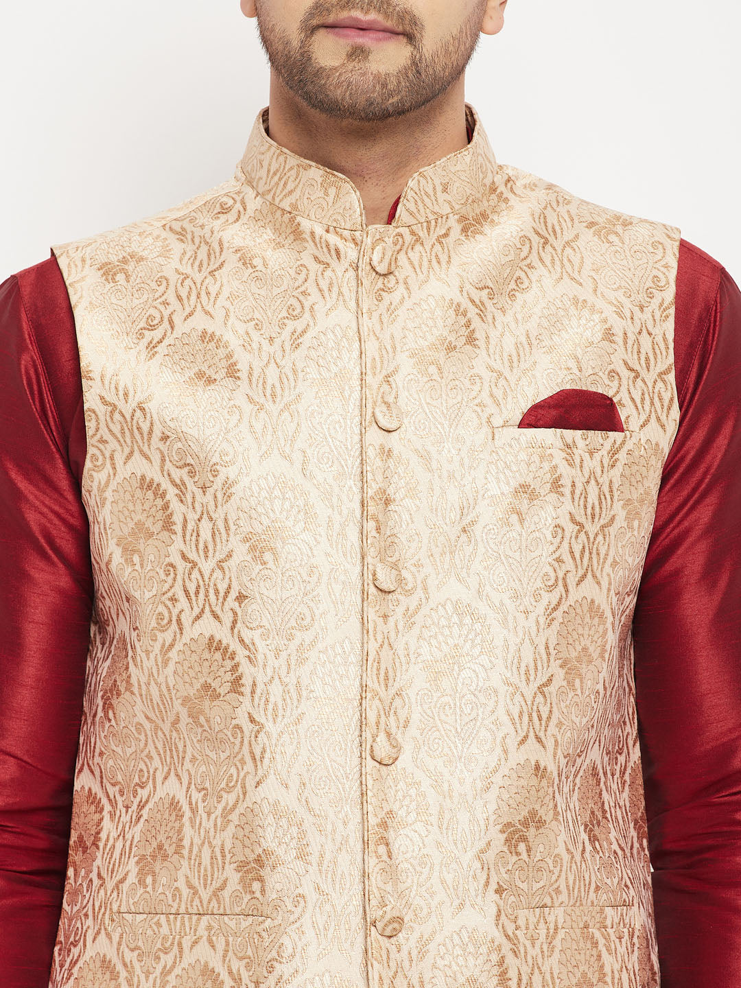 VM BY VASTRAMAY Men's Rose Gold Jacquard Jacket With Kurta And Pant Set