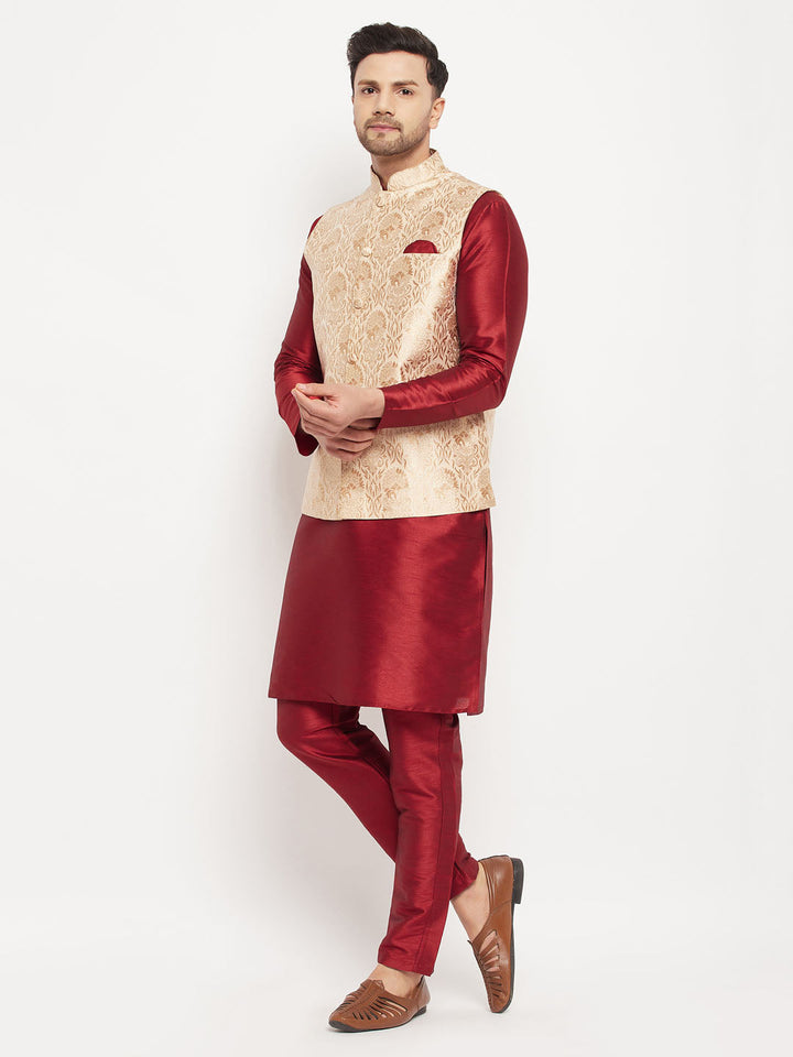 VM BY VASTRAMAY Men's Rose Gold Jacquard Jacket With Kurta And Pant Set, a stylish and elegant outfit perfect for formal occasions or special events