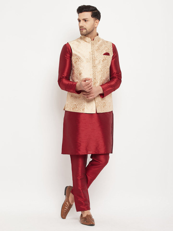  Close-up of the elegant rose gold jacquard fabric of VM BY VASTRAMAY Men's Jacket, Kurta, and Pant Set