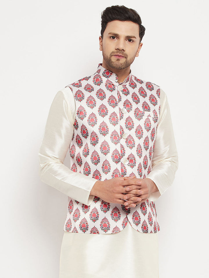 VM BY VASTRAMAY Men's White & Red Floral Printed Slim-Fit Satin Nehru Jacket