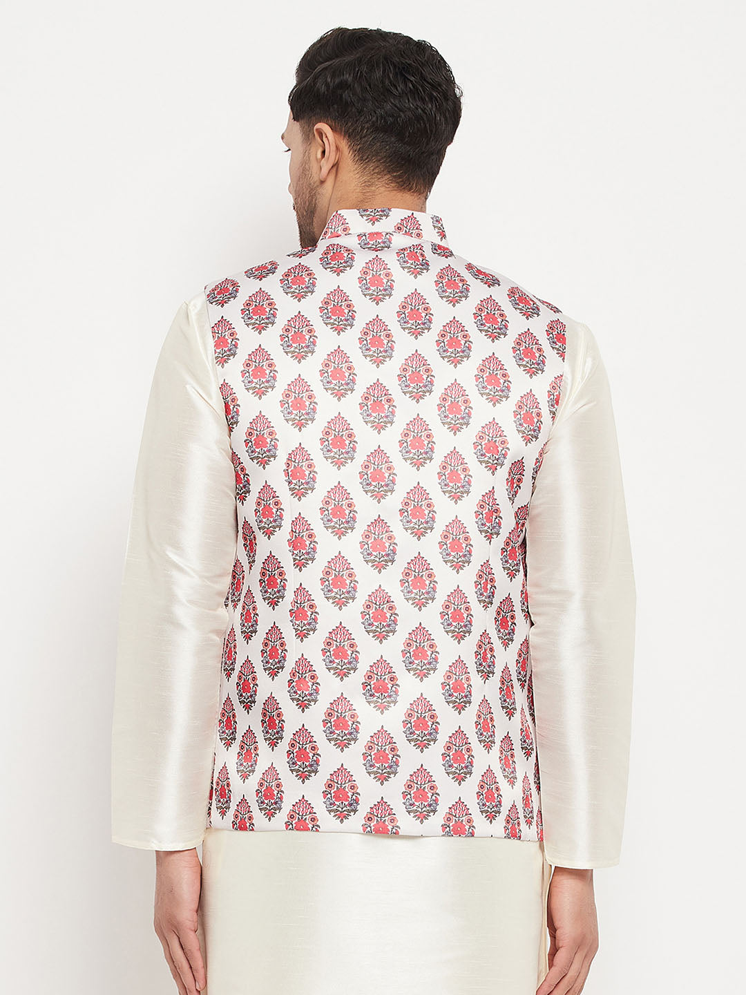 VM BY VASTRAMAY Men's White & Red Floral Printed Slim-Fit Satin Nehru Jacket