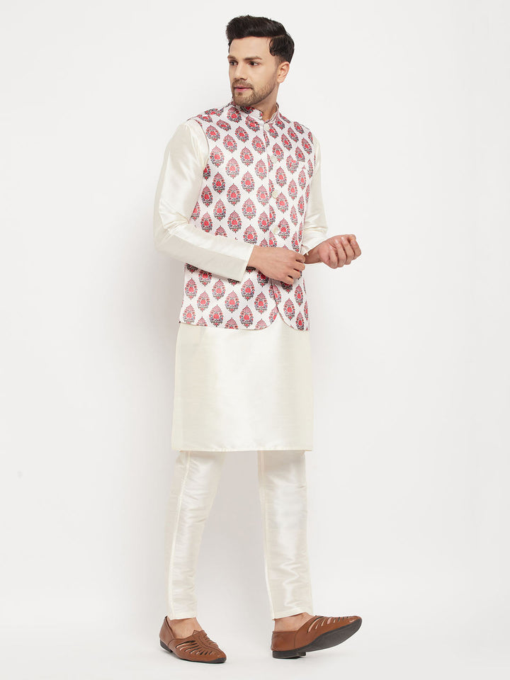 VM BY VASTRAMAY Men's Cream Printed Ethnic Jacket With Cream Silk Blend Kurta and Pant Style Pyjama Set