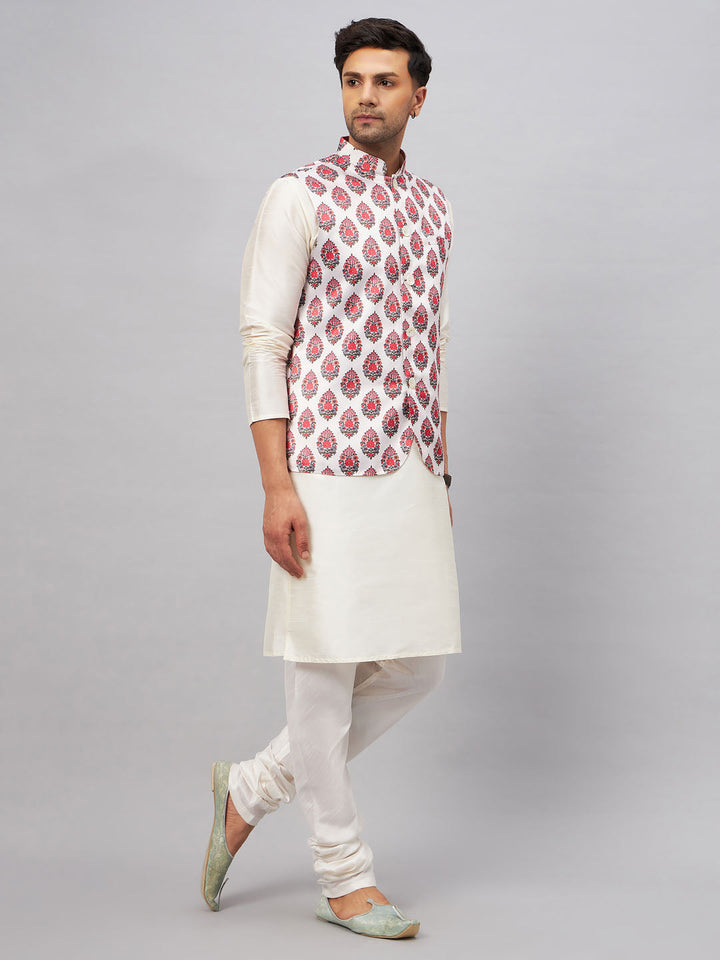 VM BY VASTRAMAY Men's Multicolor Printed Ethnic Jacket With Cream Silk Blend Kurta and Pyjama Set