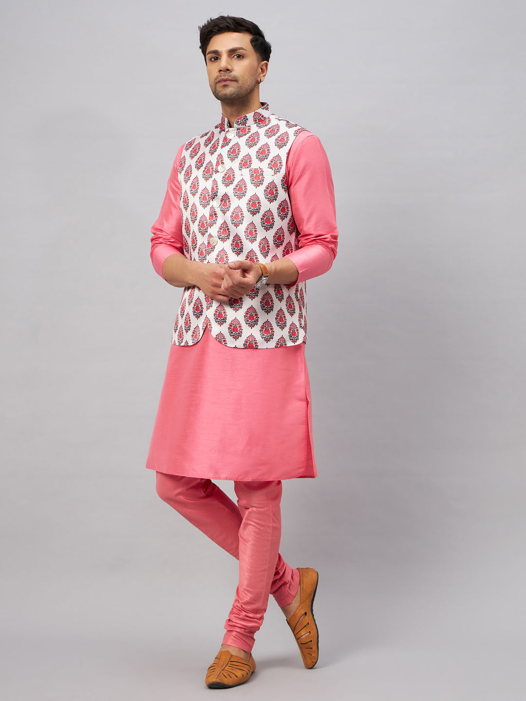 VM BY VASTRAMAY Men's Multicolor Printed Jacket With Pink Kurta And Pyjama Set