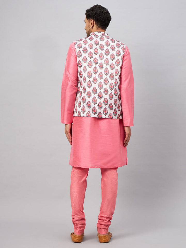 VM BY VASTRAMAY Men's Multicolor Printed Jacket With Pink Kurta And Pyjama Set