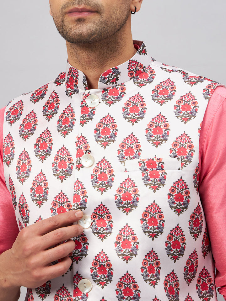 VM BY VASTRAMAY Men's Multicolor Printed Jacket With Pink Kurta And Pyjama Set