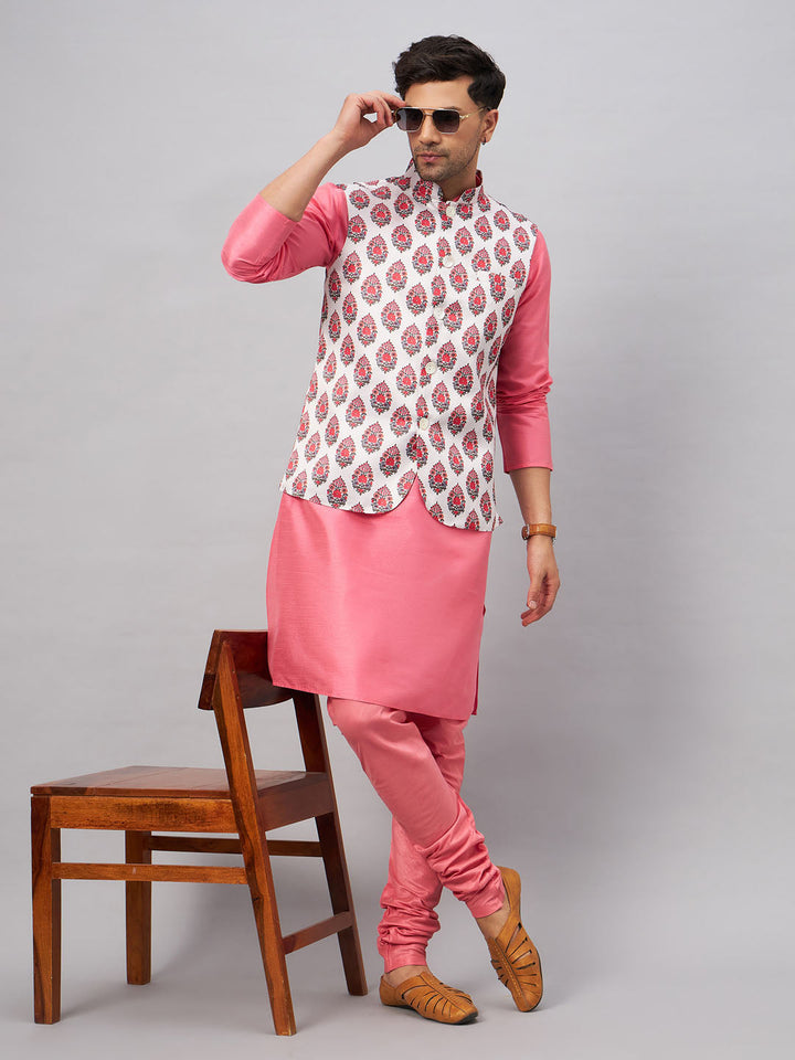 VM BY VASTRAMAY Men's Multicolor Printed Jacket With Pink Kurta And Pyjama Set