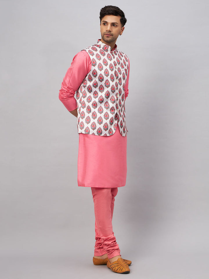 VM BY VASTRAMAY Men's Multicolor Printed Jacket With Pink Kurta And Pyjama Set