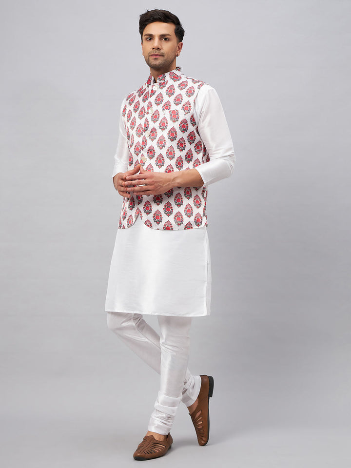 VM BY VASTRAMAY Men's Multicolor Printed Ethnic Jacket With White Cotton Blend Kurta and Pyjama Set