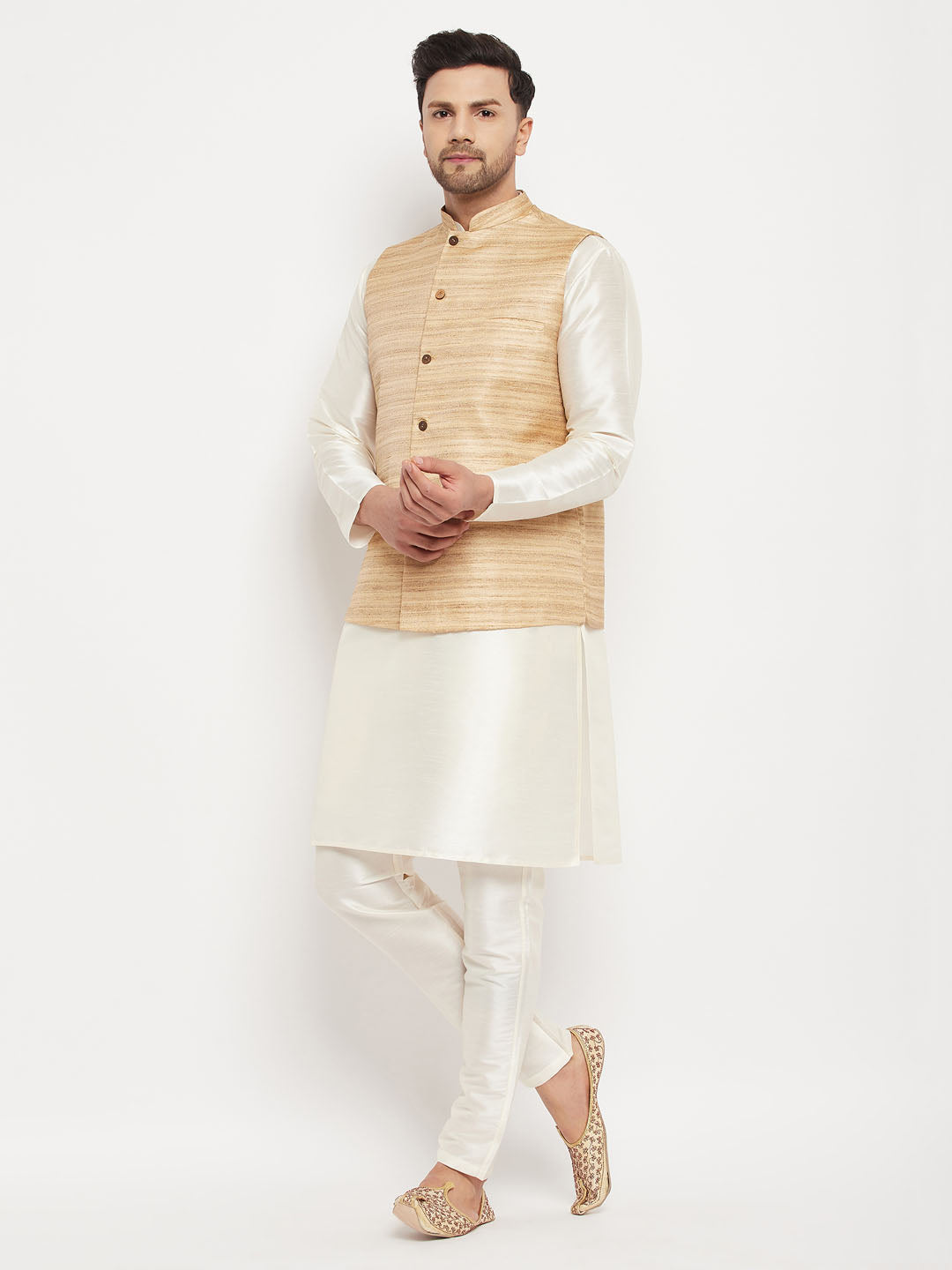 VM BY VASTRAMAY Men's Beige Silk Blend Nehru Jacket