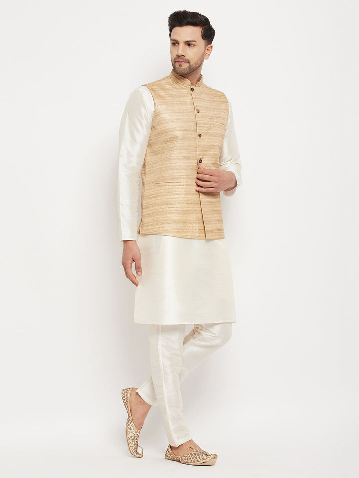 VM BY VASTRAMAY Men's Beige Matka Silk Nehru Jacket With Cream Silk Blend Kurta and Pant style Pyjama Set