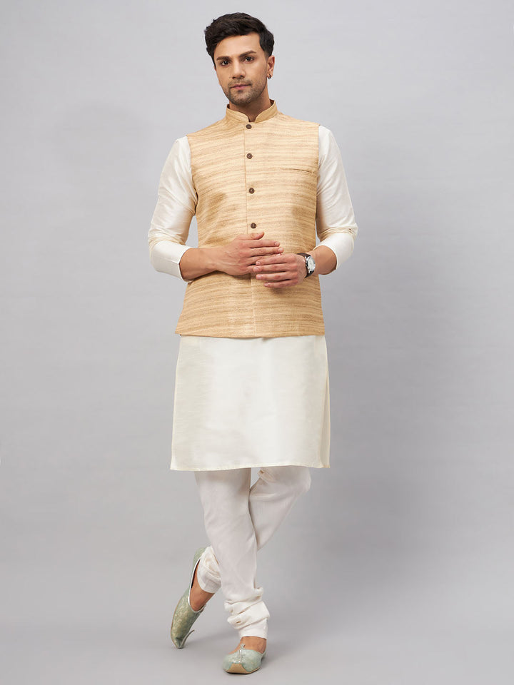 VM BY VASTRAMAY Men's Beige Matka Silk Nehru Jacket With Cream Silk Blend Kurta Pyjama Set